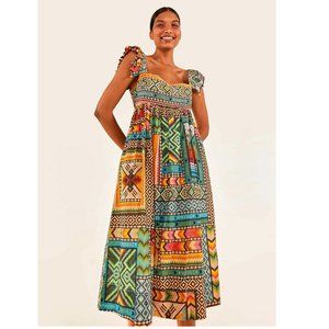 Farm Rio Banana Scarves Square Neck Maxi Dress Size S